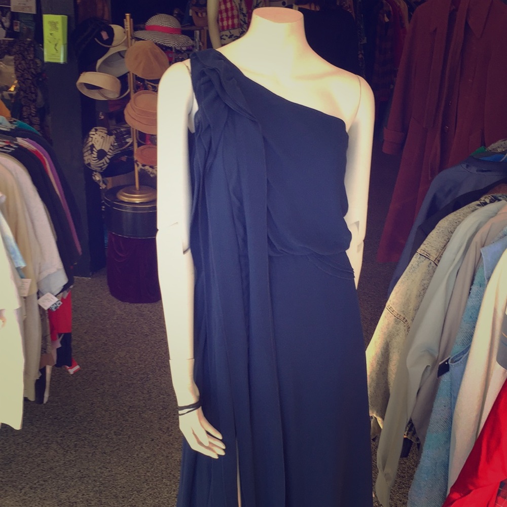 BCBGMaxAzria Navy Waterfall Ruffle chiffon gown